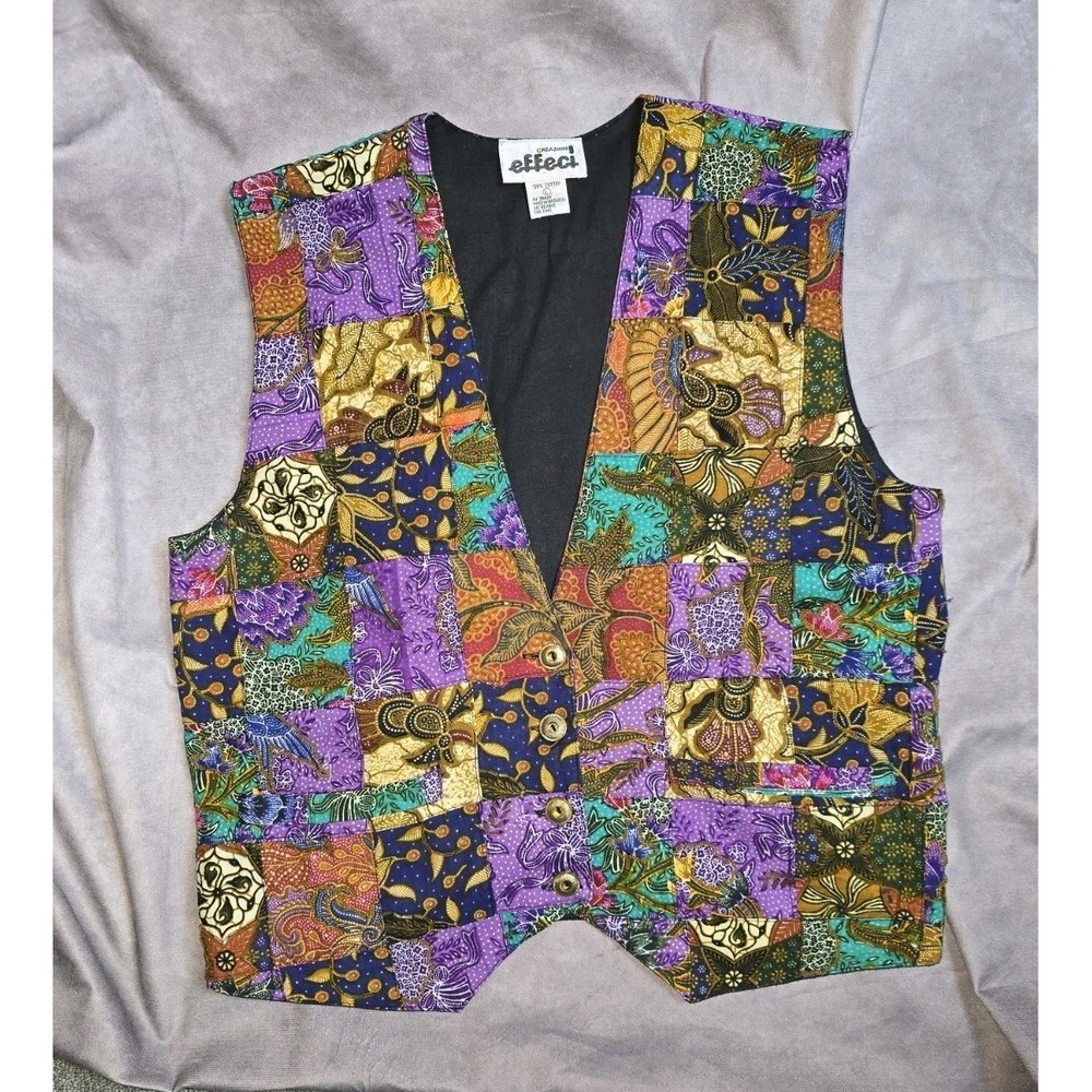 Vtg Effeci Patchwork Vest M 100% Cotton Floral Boho Art to Wear Size L Handmade?